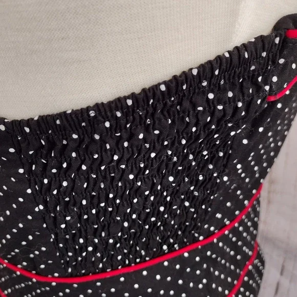 Hell Bunny | Black Polka Dot Red Trim Sweetheart Halter Fit & Flare Dress - Picture 9 of 14